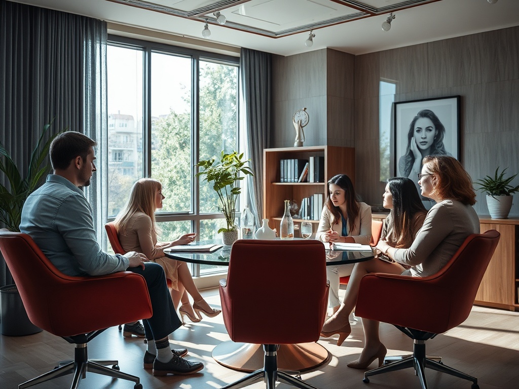 Группа людей в офисе проводит деловую встречу, обсуждая идеи за круглым столом. Светлое и современное пространство.