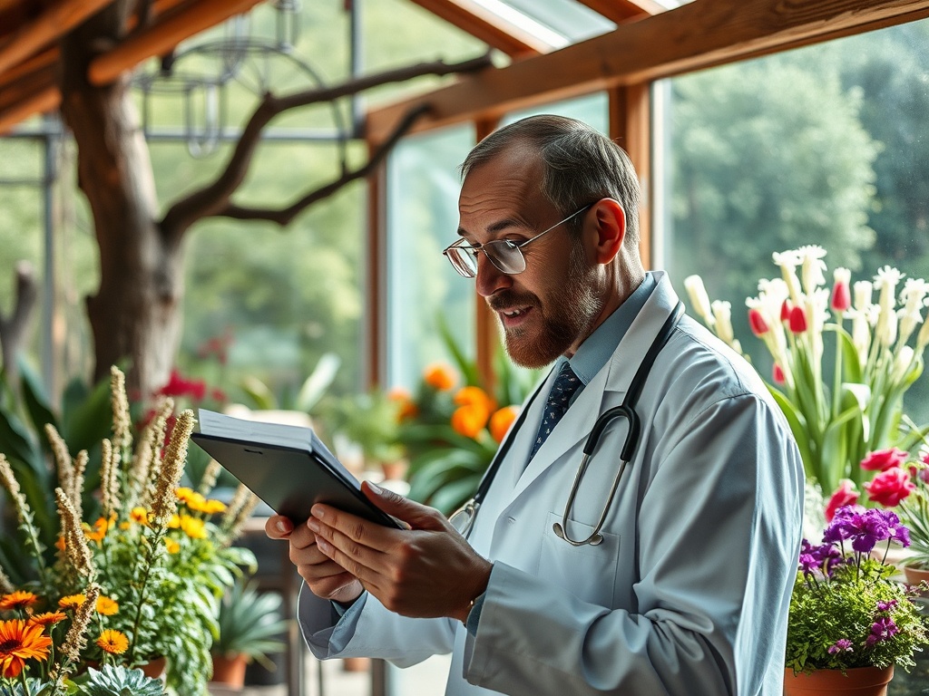 Врач с планшетом стоит среди цветов, улыбаясь и внимательно читая информацию на экране.