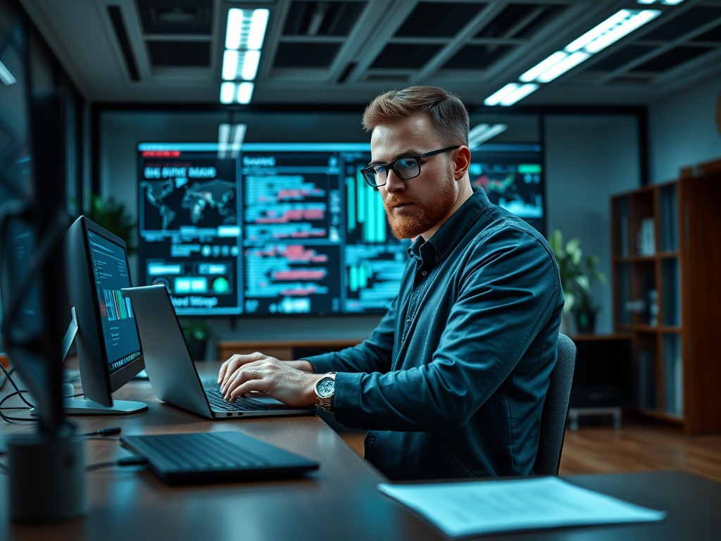 Мужчина с бородой работает за компьютером в современном офисе с несколькими экранами данных и графиков.