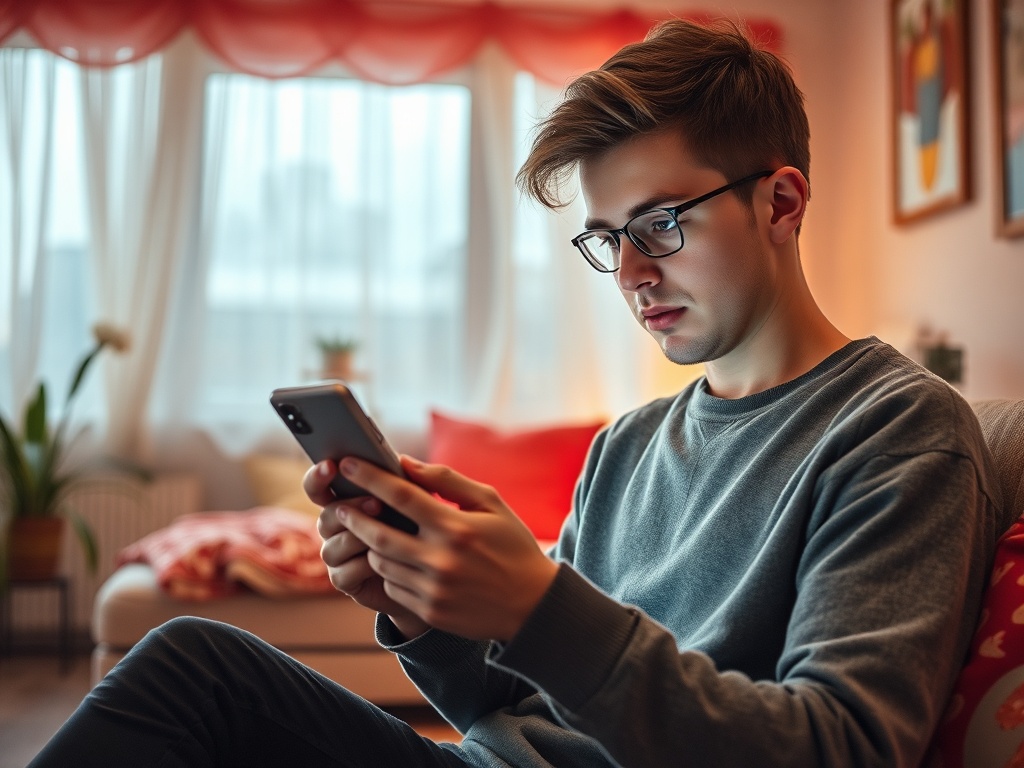 Молодой человек в очках сидит на диване и смотрит на смартфон в уютной комнате.