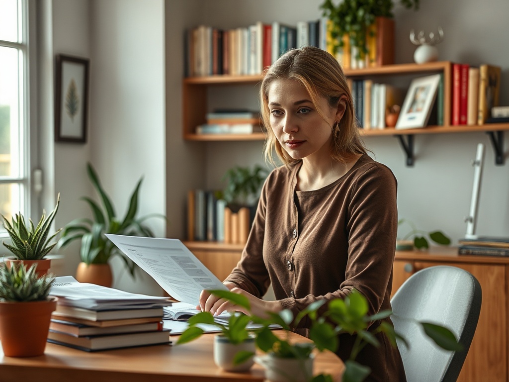 Молодая женщина сидит за столом, просматривая документы, окруженная растениями и книгами.