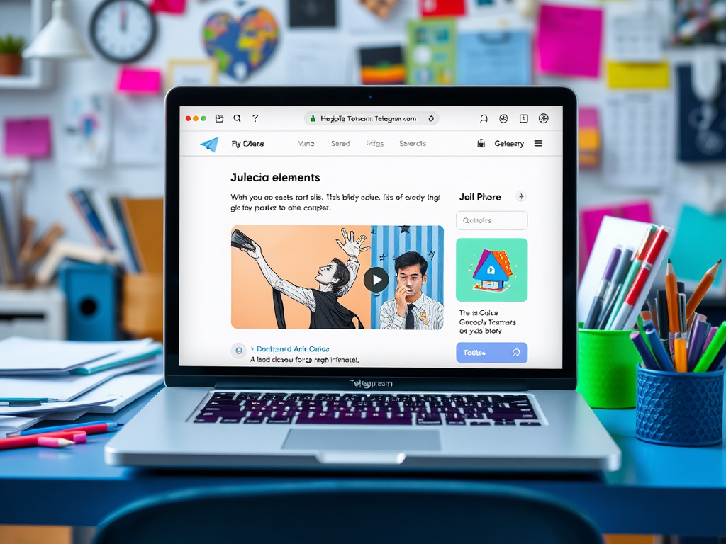 На экране ноутбука открыта страница Telegram с элементами Julecia и видео, фон с цветными заметками.