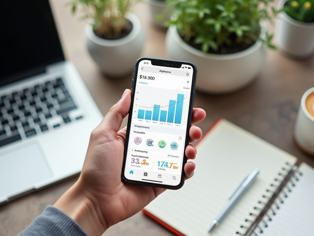 На изображении телефон с графиками и данными о финансах, рядом ноутбук и блокнот на столе.