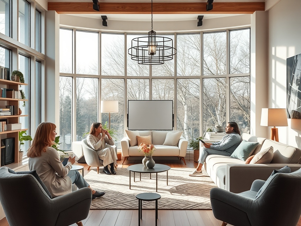 Три человека беседуют в светлой комнате с большими окнами и современным интерьером.